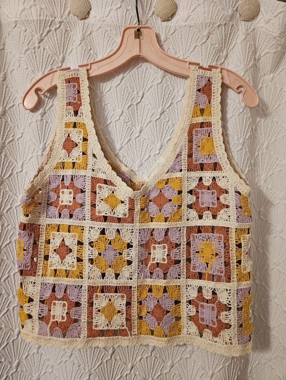 Rebellion  Crochet Square Tank Top in Cream, Mustard & Lavender